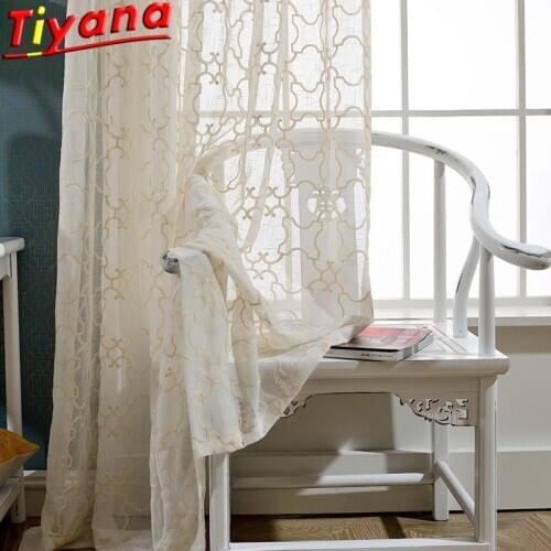 Scandinavian Minimalist Geometric Embroidery Tulle Curtains For Living Room Geometric Cotton and Linen Gauze For Balcony#VT