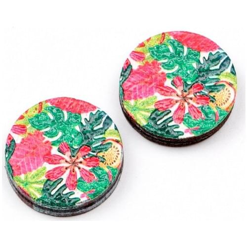 Unique 3D Flower Embossed 16mm Round Coloured Drawing pattern Laser Cut wood Cabochon DIY for Rings, Earring,Brooch,Necklace
