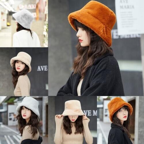 Wo1 pc Faux Fur Winter Warm Fishermans Hat For Women Fashion Solid Color Vacation Cap Thickened Soft Bucket Hat New Arrivel