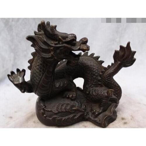 Xd 002757 7"Chinese Folk Purple Bronze carved eximous Lucky lifelike Money Dragon Statue