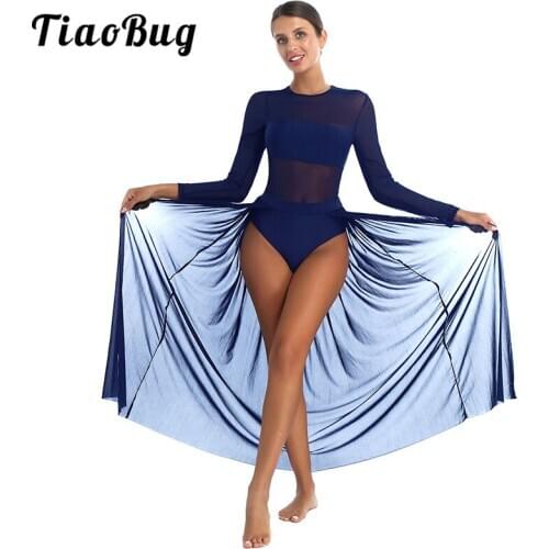 TiaoBug Women Long Sleeve Mesh Skirt Ballet Dress Gymnastics Leotard Adult Stage Performance Contemporary Lyrical Dance Costumes