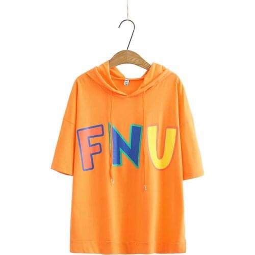 Plus size pink letter print cotton women tshirts 2021 casual summer short sleeve ladies t shirts loose hooded t-shirts female