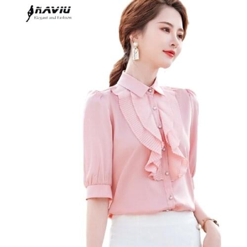 Ruffles Chiffon Women Half Sleeve 2021 Spring New Fashion All-Match Temperament Blouses Office Ladies Formal Work Tops