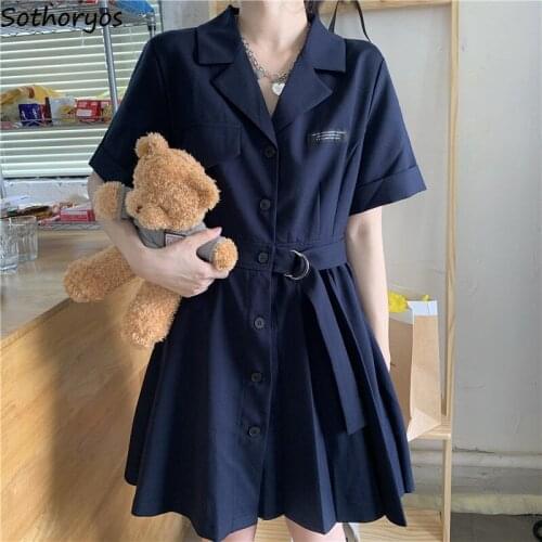 Women Designer Dress Pleated Single Breasted Japanese Preppy Sashes Solid Tunic Slim Short Sleeve Females Teenagers Hipster Chic