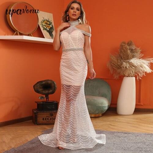 Free Shipping High Quality Womens Mopping Dress Sexy Halter Card Shoulder Bodycon Beaded Sequin Dress Celebrity Party Vestidos