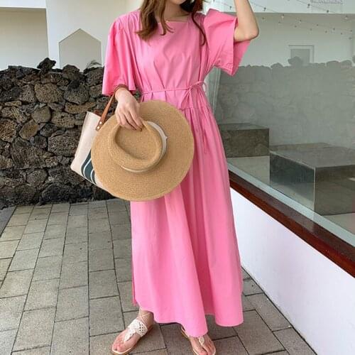 Pink Long Straight Dress Women Loose Casual Square Collar Party Dress Vintage Harajuku Oversized Summer Dress Office Lady 2021