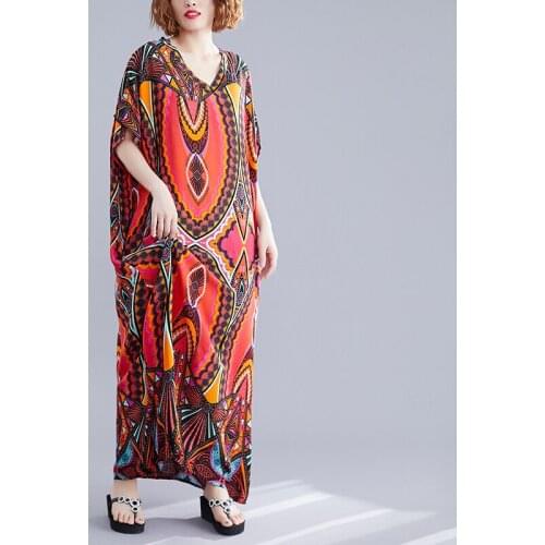 New Summer Casual Long Robe Vintage Loose V Neck Traditional Print African Dress Batwing Sleeve Boho Women Maxi Dresses