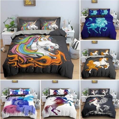 2/3PCS 3D Unicorn Pattern Bedding Set Cartoon Animal Duvet Cover Set King Twin Singe Bedclothes For Childrens Bedroom Decor