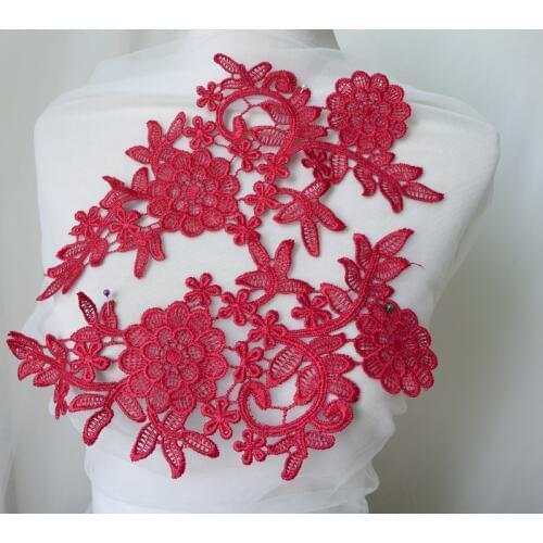 3D Floral Wine Red Venice Lace Applique, Hollowed Out Bridal Lace Trim, Sewing Lace Applique Trim Craft, DIY