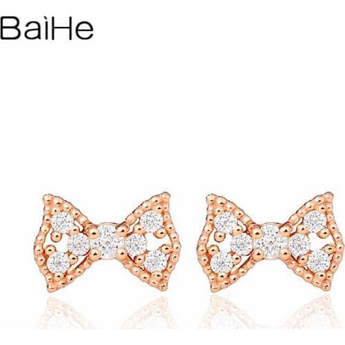 BAIHE Solid 18K Rose Gold 0.01ct H/SI Round Engagement Wedding Trendy Fine Jewelry simple bow diamond Stud Earrings for Women