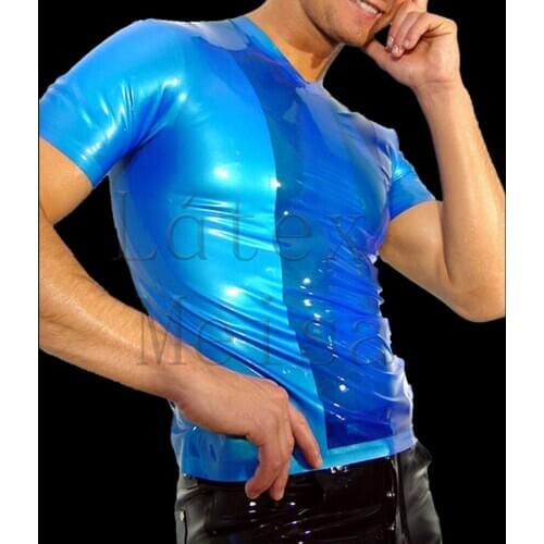 Bling metallic blue tight latex t-shirt short sleeve with 100% handmade