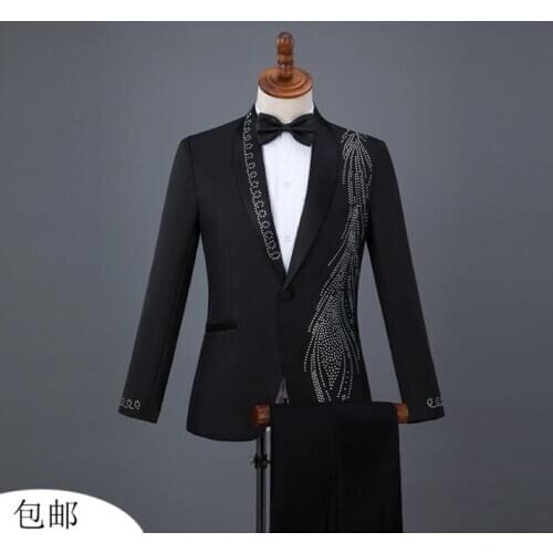 Sequins blazer men groom suit set with pants black mens wedding suit costume singer star style stage clothing formal dress B385
