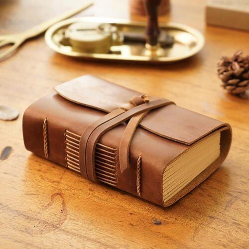 Retro Genuine Leather Sketchbook Handmade Cowhide Kraft Paper Notebook Vintage Thread Diary Gift