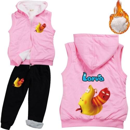 Thick Plush Suit for Baby Boys Winter Cartoon Larva Clothes Children Warm Hooded Vest Jacket+ Pants 2pcs Set Lovely Girls Outfit