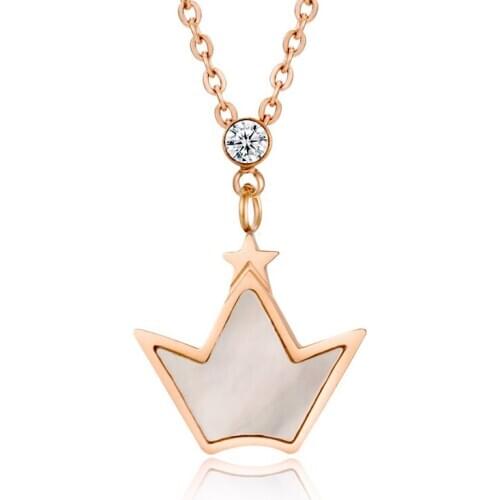 Simple Crown Titanium Steel Rose Gold Crystal Necklace with Shell Party Women Necklace Jewelry