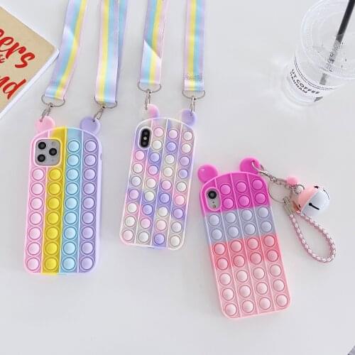 Push It Bubble Fidget Toys Lanyard Phone Cases For iPhone 6 7 8 Plus X XS Max XR 11 12 Pro Max SE 2020 Cute Silicone Funda Cover