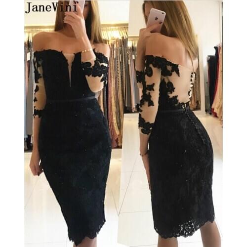 JaneVini Sexy Black Cocktail Dresses Knee Length Short Lace Beaded Women Sleeves Party Gown Semi Formal Dress vestidos de fiesta