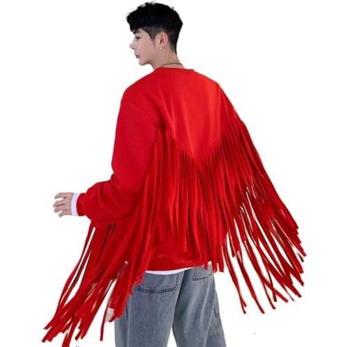 Men Long Tassle Pullover Sweatshirts Male Women Hip Hop Streetwear Casual Black Red Hoodie Stage Show Clothing