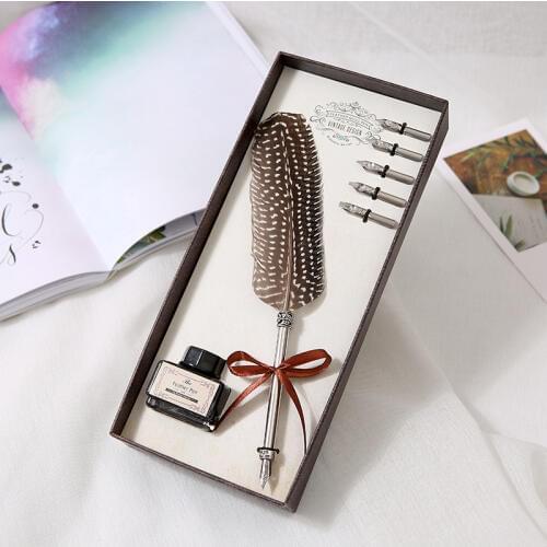 Vintage Antique Feather Dip Pen Metal Nibbed Pen Ink Writing Quill Set Gift Box Student Scrapbooking Quill Fountain Pen Set