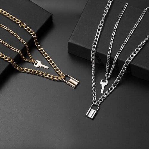 Vintage Multi layer lock shaped exaggerated metal geometric key necklace trend punk neck chain Pendant Chain Choker Necklace
