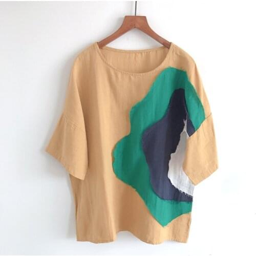 2020 New Summer Women Blouse Literary Stitching Color Ramie Big Size Shirt Women O-Neck Half Sleeve Blouse