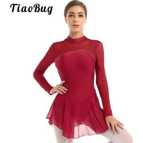 Women Shiny Rhinestone Mesh Long Sleeve Figure Skating Dress Ballet Dancewear Gymnastics Leotard Competition Performance Costume