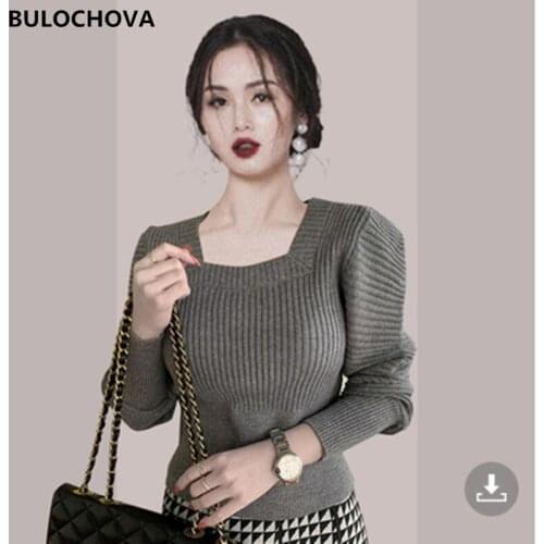 2021 Autumn Winter Women Square Collar Pullovers Lantern Long Sleeve Knitted Short Sweater Students Thick Warm Solid Loose Tops