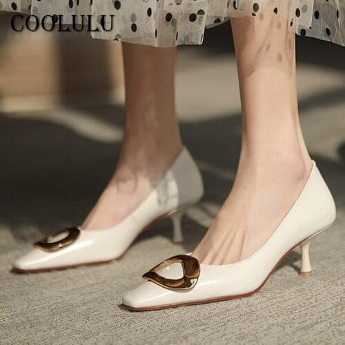 COOLULU Woman Shoes Real Leather High Heels Square Toe Stiletto Heel Pumps Metal Decoration Office Ladies Footwear Spring White