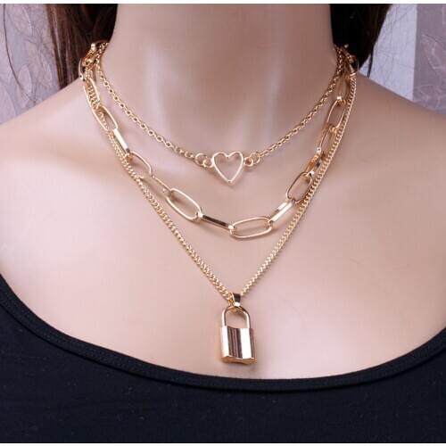 Woman Jewelry Vintage Chain Heart Shape Lock Pendant Necklace Female Creative Multilayer Versatile Fashion