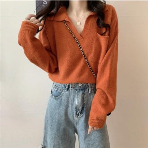 Womens Knitted Pullover V-neck Turn-down collar Long Sleeves Loose Orange Sweater Wholesale 2021 New Fashion Lady Clothing