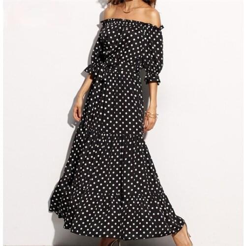 Print Polka Dot Long Maxi Dress Women Off Shoulder Backless Boho Bohemian Beach Party Dress Sundress Summer Casual Dresses