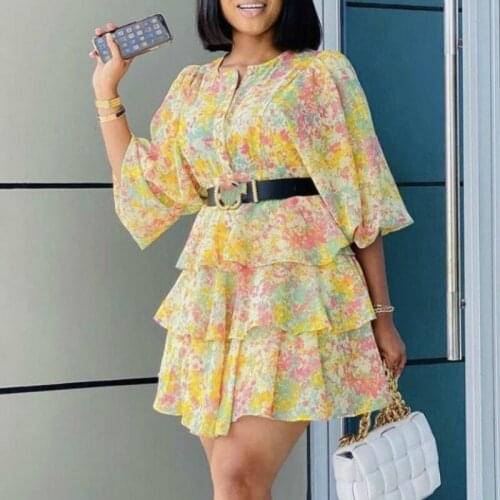 Women Summer Floral Dress Printed Ruffles Half Sleeves O Neck Mini Short Party Fashion Casual New Female Clothing Vestidos Robes