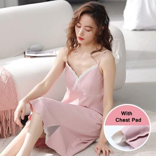 Plus Size Nightwear Home Dress Women Modal Sexy Sleepwear Dress With Pad Lady Summer Sling Sleeveless Nightdress Nightgown Long