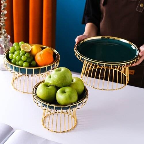 Golden Bracket Ceramic Fruit Plates Gold Plated Porcelain Food Dishes Dessert Dish Serving Trays Tabletop Plate Cake Stand