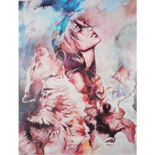1 Panel Canvas Oil Painting, Artwork Picture Wall Art Decor Hanging Poster, Home Chic Decor, Girl and Wolf