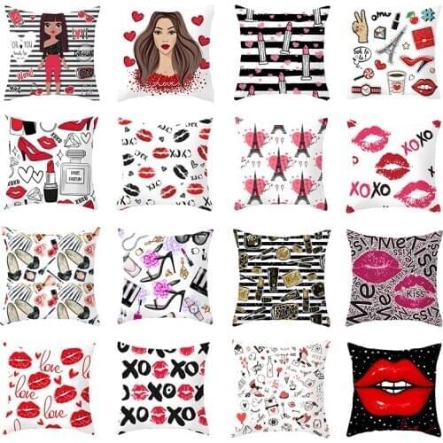 Valentines Day Pillowcases Lip Kiss Series Printed Microfiber Throw Pillow Cover for Sofa/Office/Bedroom Home Decor 45*45cm 1Pc
