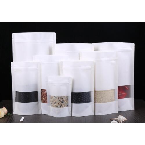 100pcs/lot-7 sizes options White Kraft Paper Stand Up Zip Lock Bag with Clear Window Coffee Bean Tea Powder Food Party Gift Bags
