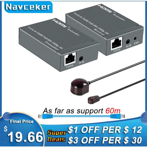 2021 HDMI Extender with IR & Loop Out 1080P HDMI Extender 60m No Loss RJ45 to HDMI Extender Transmitter Receiver over Cat5e/Cat6
