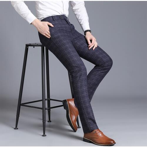 Brand Suit Pants Men 2020 Fashion Business Casual Straight Slim Fit Long Trouser England Classic Grid Office Formal Pant Wedding