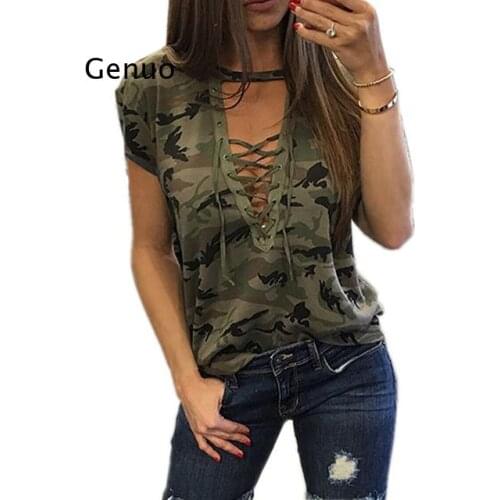 Summer Women Short Sleeve Camouflage Loose Casual Ladies T Shirt Tops Summer Bandage Hollow Out T-Shirt Tops Gray Army Green