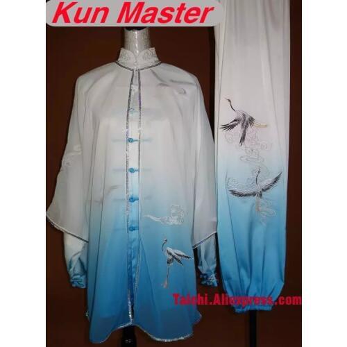 Custom Tai Chi Performance Uniform Cran Embroidery Martial Art Clothing For Kung Fu White Blue Gradual Change Three Pieces