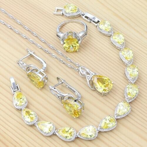 925 Sterling Silver Jewelry Set for Bride Shiny Yellow Cubic Zirconia Ring Earrings Bracelet Pendant Chain Romantic Jewelry