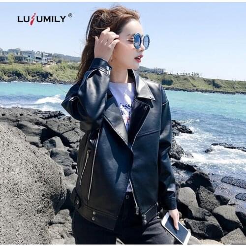 Lusumily 2021 Spring Autumn Womens Faux Leather Jacket Black Zipper Slim Biker Jackets Women Short Coat Female Tops