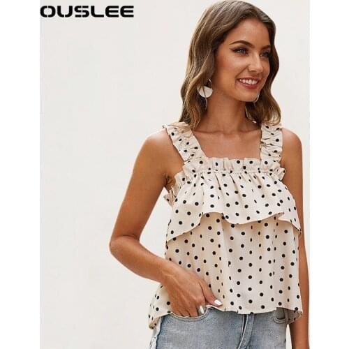 OUSLEE Polka Dot Tank Top Women Summer Cascading Ruffle Camis Female Sleeveless Spaghetti Strap Elegant T-shirt Femme Streetwear