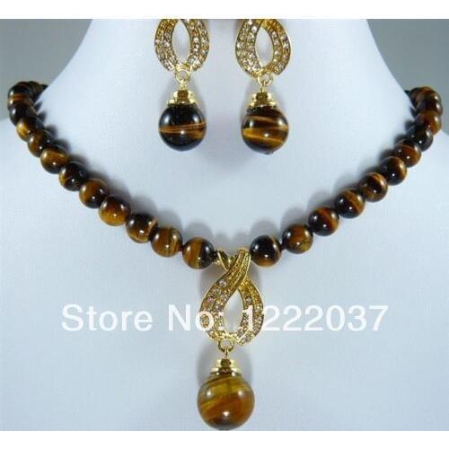 NEW 3 colors red&green stone tigers eye necklace crystal pendant earring set