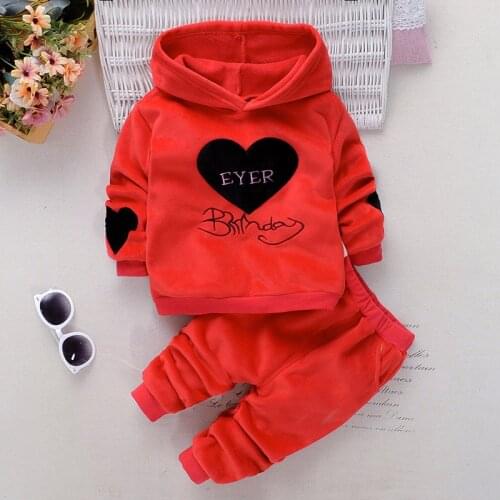 Baby girl clothes autumn and winter 0-4Y love letter printing suit girl plus velvet thick hooded sweater baby two-piece suit
