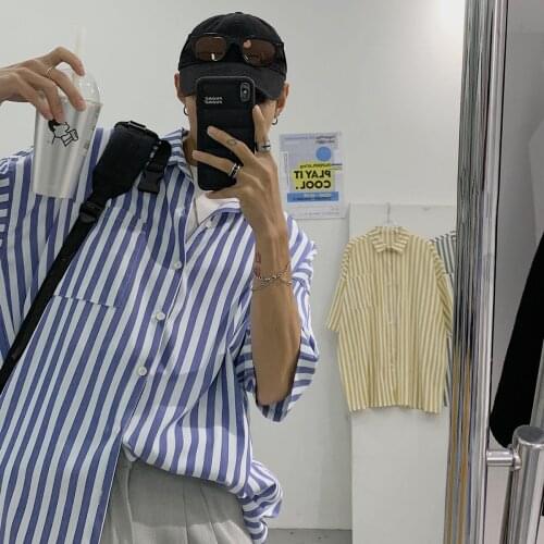 Striped Shirt Mens Short Sleeve Coat Loose Thin Tops Casual Hiphop Beach Shirts Classic All-match Japanese Trend Mens Clothes