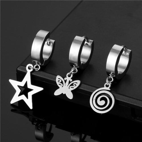 1pc Stainless Steel Piercing Earring Cross Star Butterfly Pendent Drop Earring Ear Buckle for Women Men Punk Silver Earring