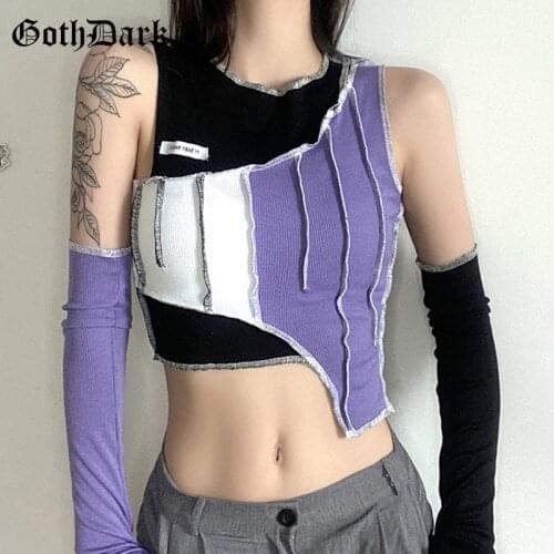 Goth Dark Y2k Style Fashion Color Blocking T-shirts Punk Patchwork Hip Hop Sleeve Separate Crop T-shirt Autumn O-neck Women Tops