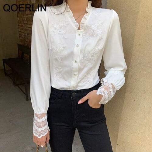 QOERLIN Jacquard White Shirts Ladies Ruffles V-Neck Spring Autumn Palace Embroidered Lace Long Sleeve Top Women Blouse Plus Size
